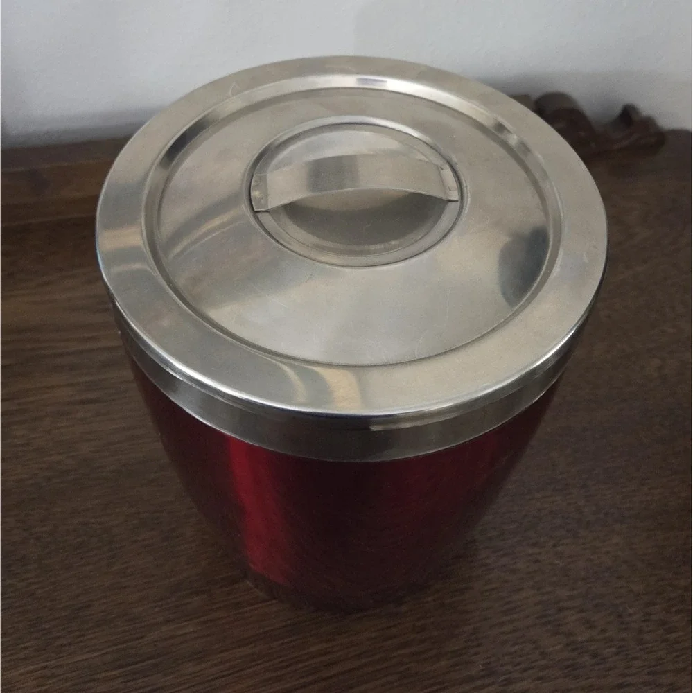 Retro Metallic Red Lidded Ice Bucket Chrome Double Walled Acrylic Lucite Vintage